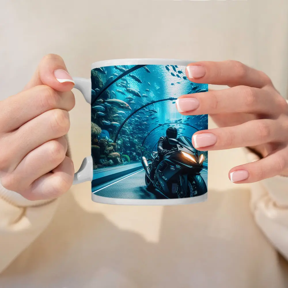 Sport Bike Rider Inside Underwater Aquarium Tunnel – Mugs