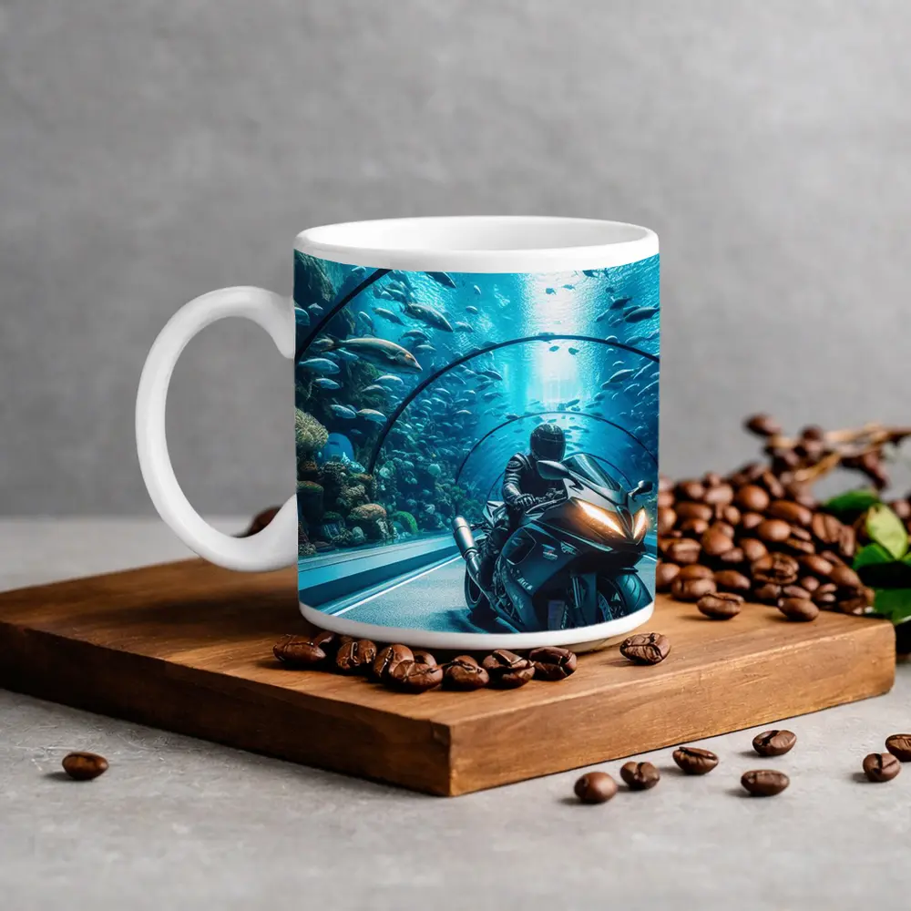 Sport Bike Rider Inside Underwater Aquarium Tunnel – Mugs