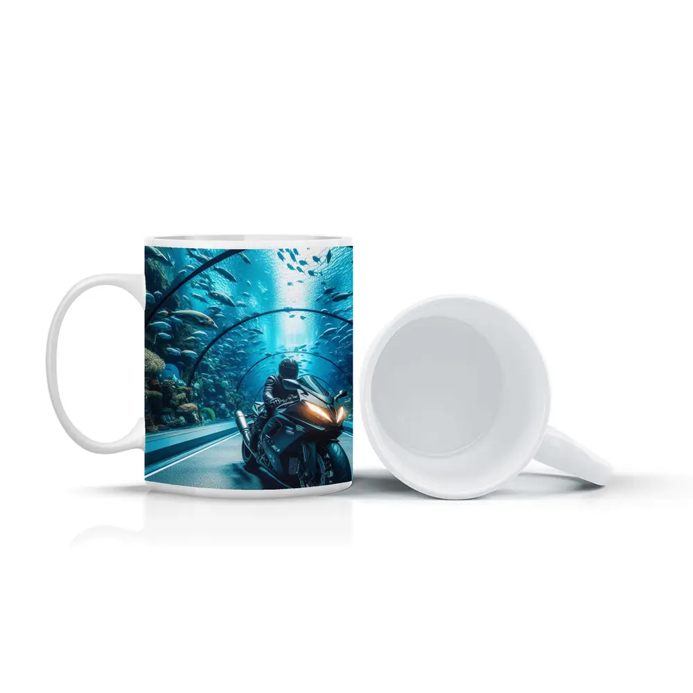 Sport Bike Rider Inside Underwater Aquarium Tunnel – Mugs