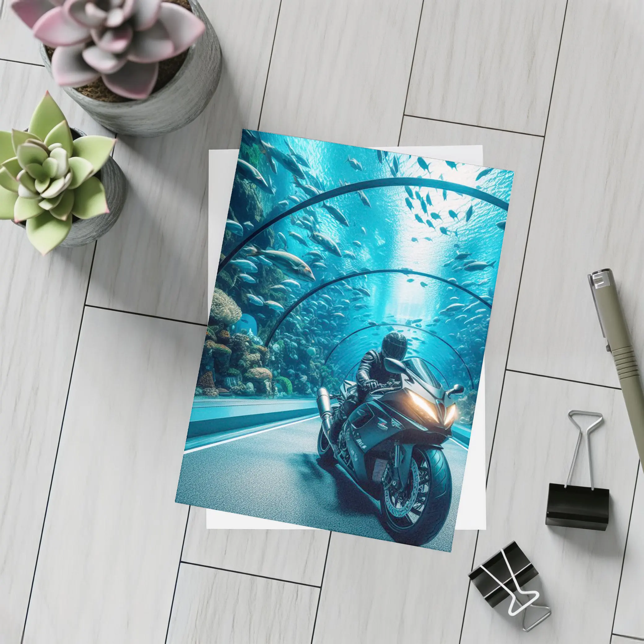 Sport Bike Rider Inside Underwater Aquarium Tunnel – Postcards