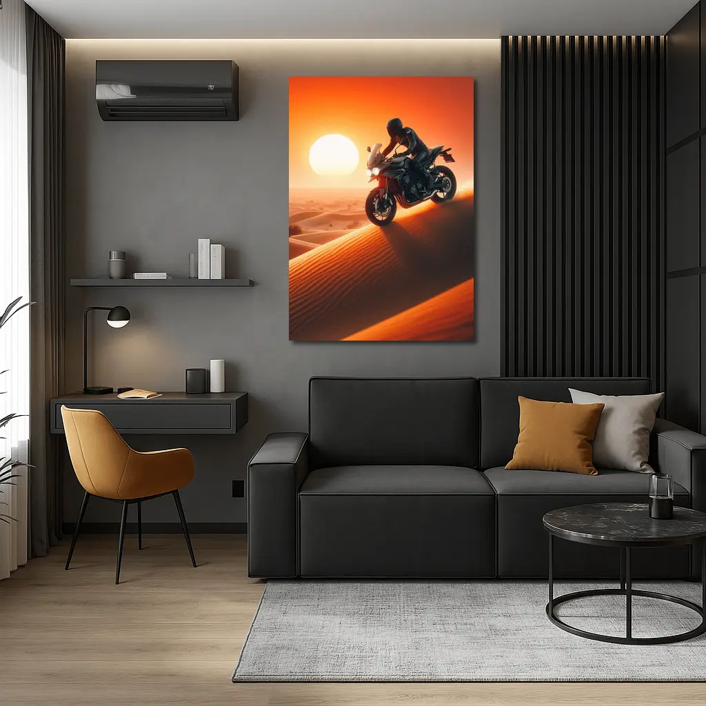 Sport Bike Rider Crossing Desert Sand Dunes Sunset – Wall Art