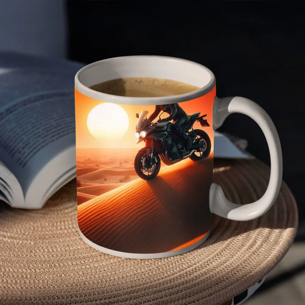 Sport Bike Rider Crossing Desert Sand Dunes Sunset – Mugs