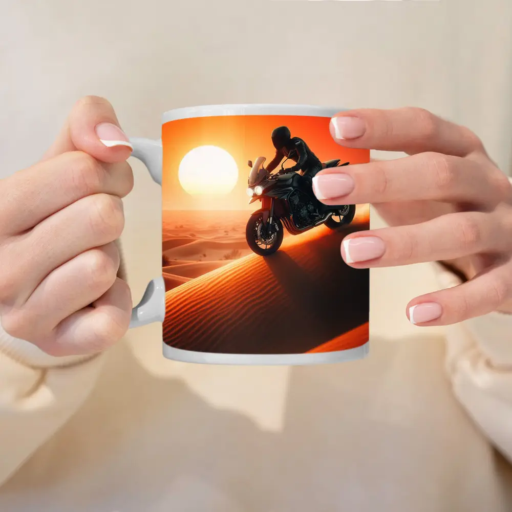 Sport Bike Rider Crossing Desert Sand Dunes Sunset – Mugs