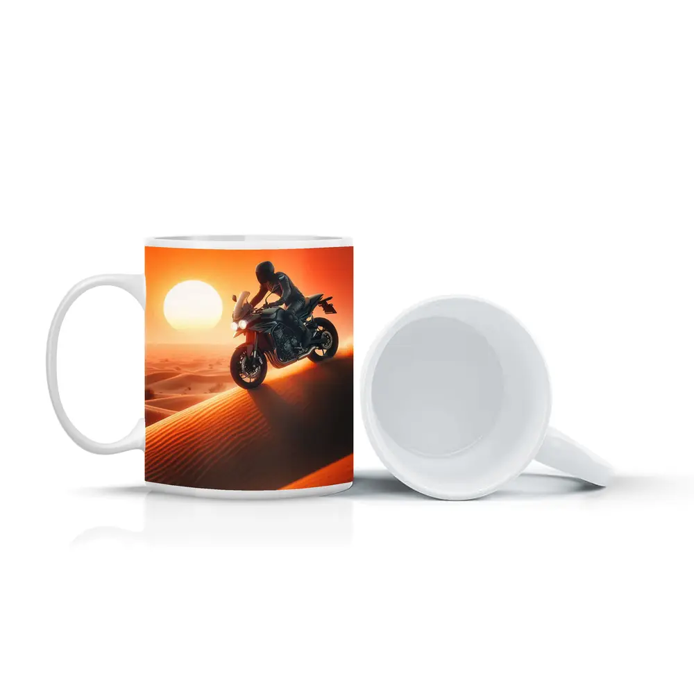 Sport Bike Rider Crossing Desert Sand Dunes Sunset – Mugs