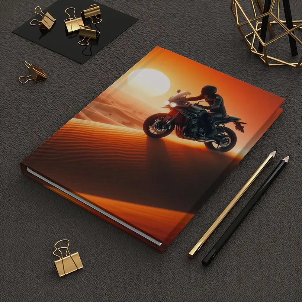 Sport Bike Rider Crossing Desert Sand Dunes Sunset – Notebooks
