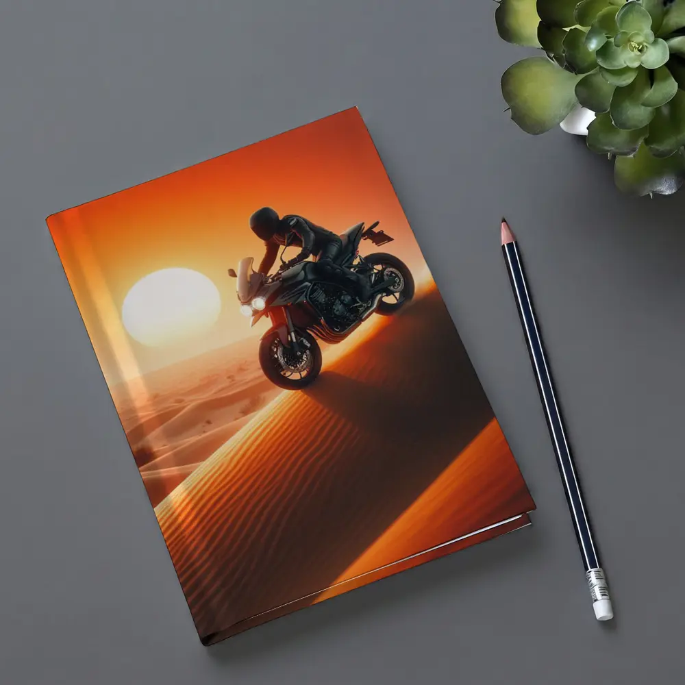 Sport Bike Rider Crossing Desert Sand Dunes Sunset – Notebooks