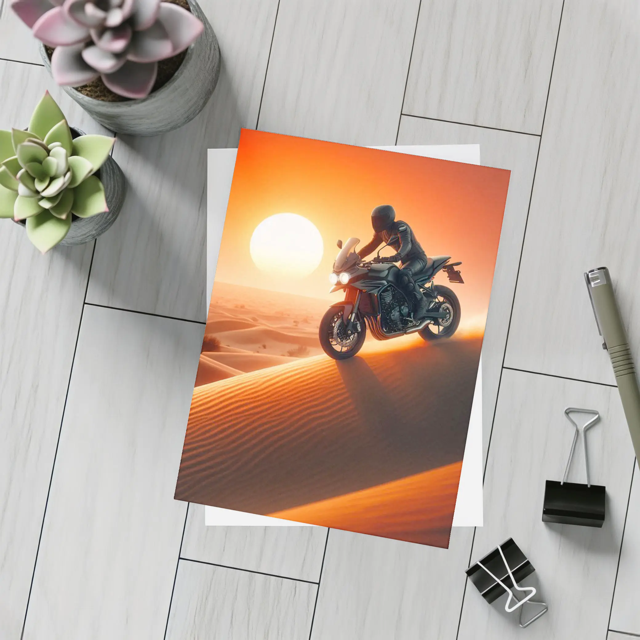 Sport Bike Rider Crossing Desert Sand Dunes Sunset – Postcards