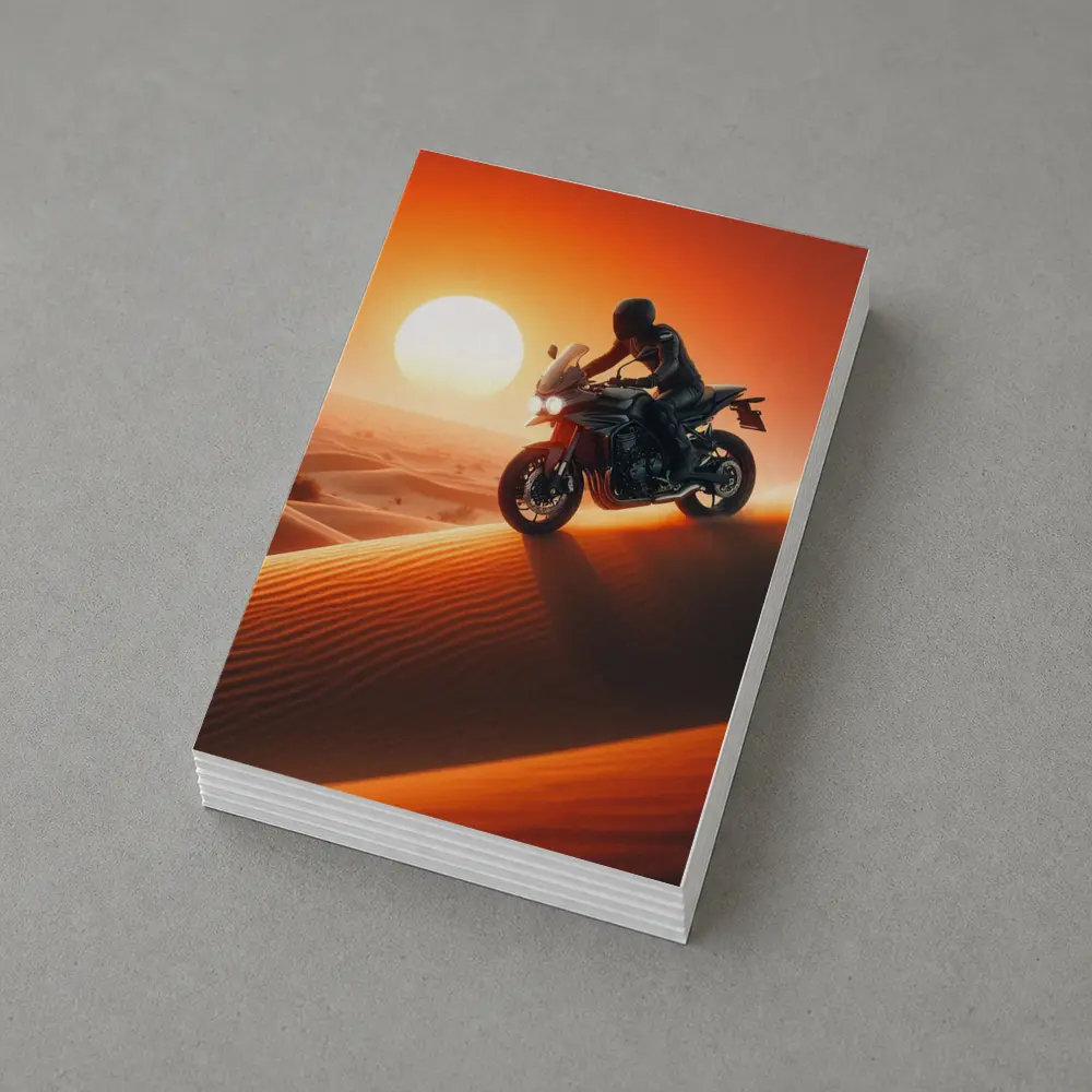 Sport Bike Rider Crossing Desert Sand Dunes Sunset – Postcards