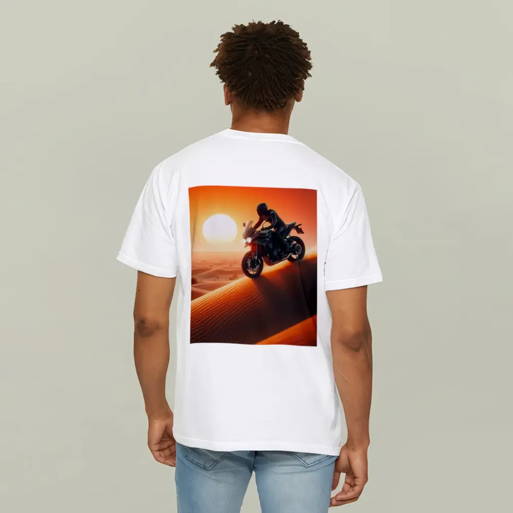 Sport Bike Rider Crossing Desert Sand Dunes Sunset – T-Shirts