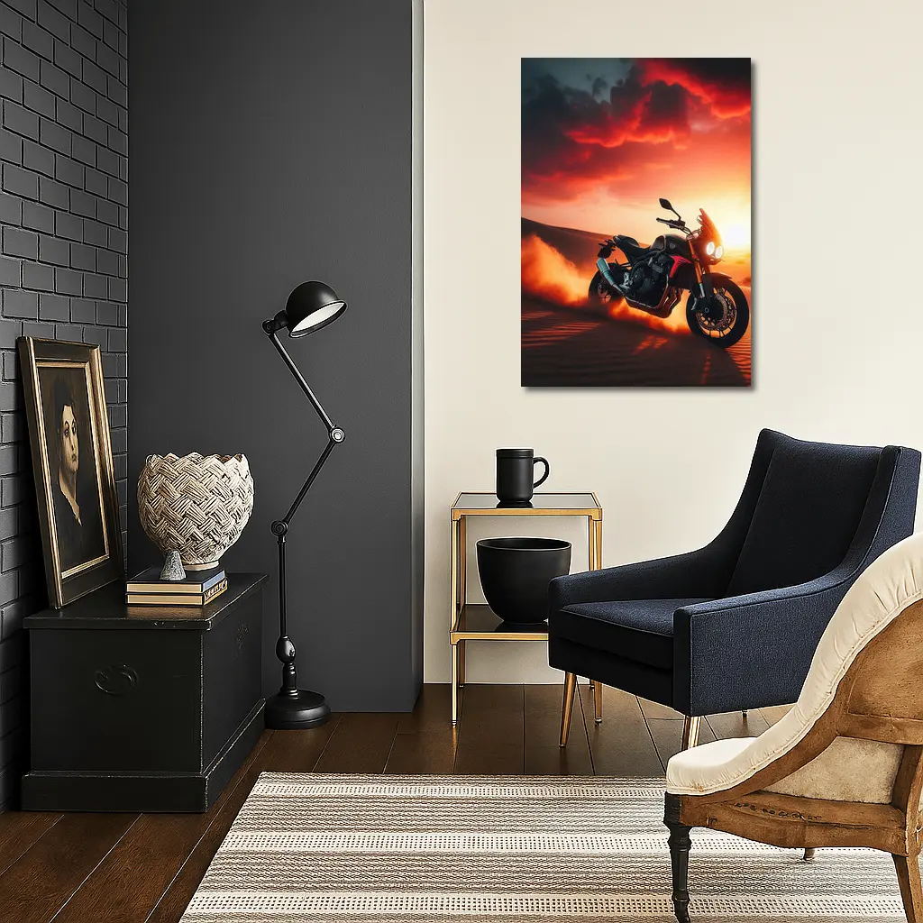 Naked Bike Desert Sunset Dramatic Red Sky – Wall Art