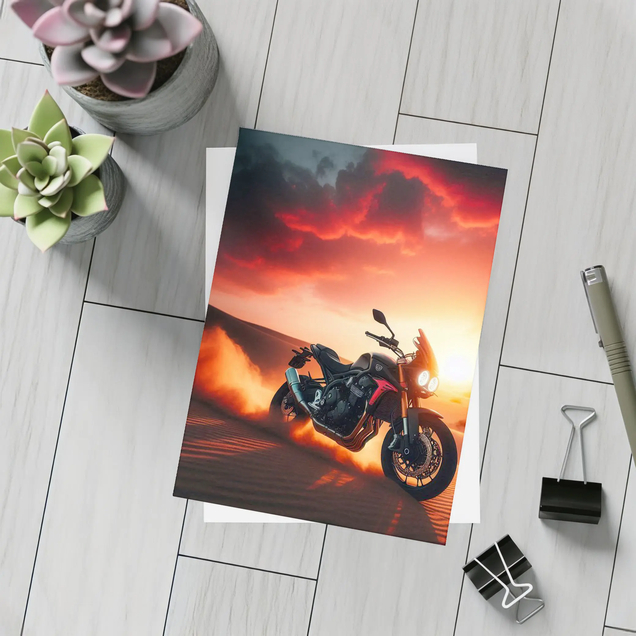 Naked Bike Desert Sunset Dramatic Red Sky – Postcards
