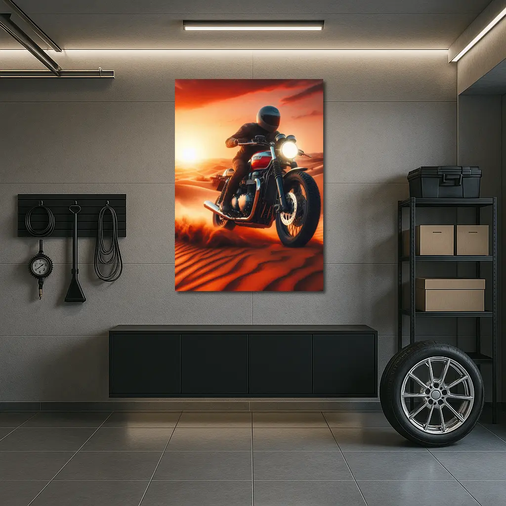 Scrambler Motorcycle Rider Desert Sunset Dunes – Wall Art