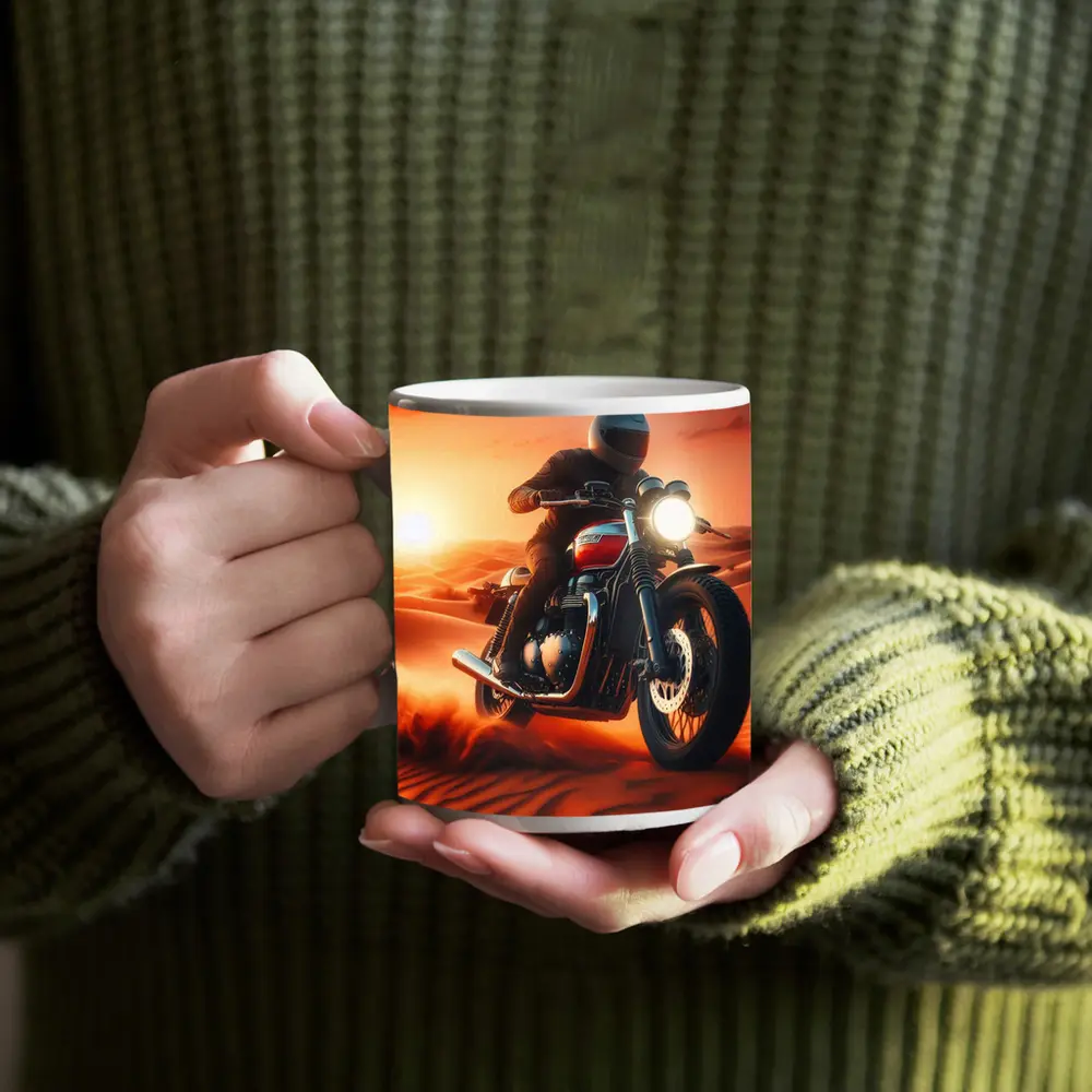 Scrambler Motorcycle Rider Desert Sunset Dunes – Mugs