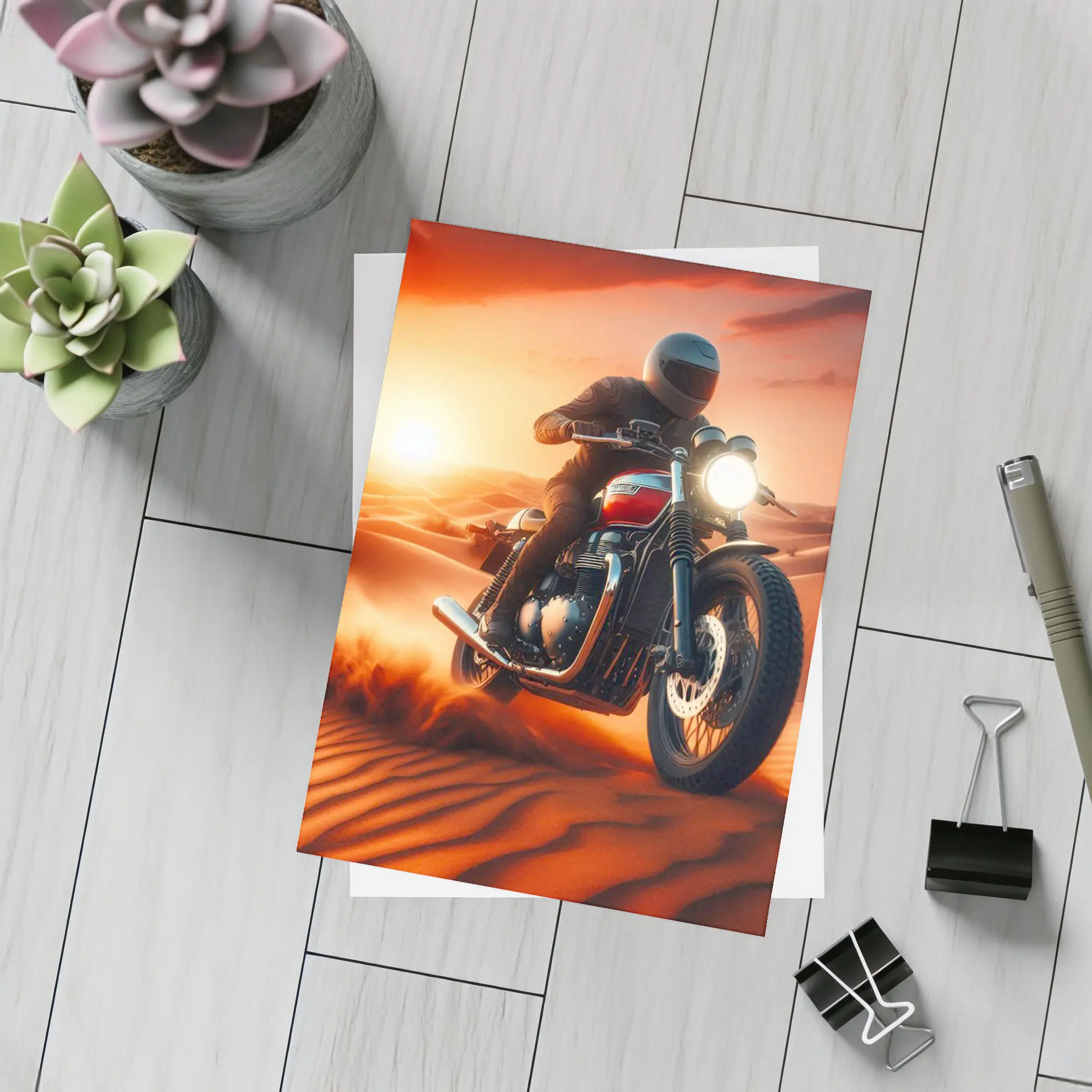 Scrambler Motorcycle Rider Desert Sunset Dunes – Postcards