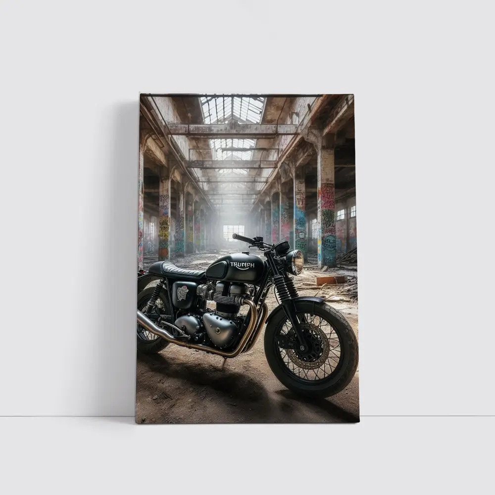 Triumph Motorcycle Parked Inside Abandoned Factory – Wall Art