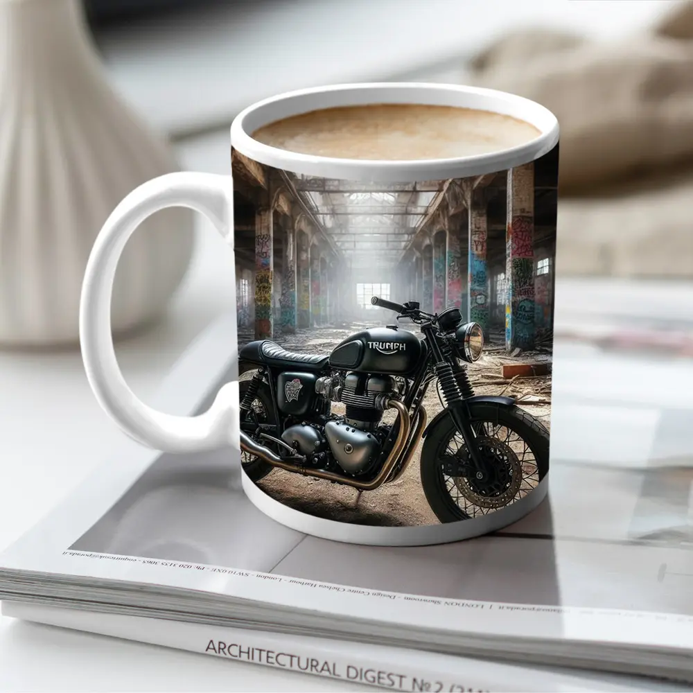 Triumph Motorcycle Parked Inside Abandoned Factory – Mugs