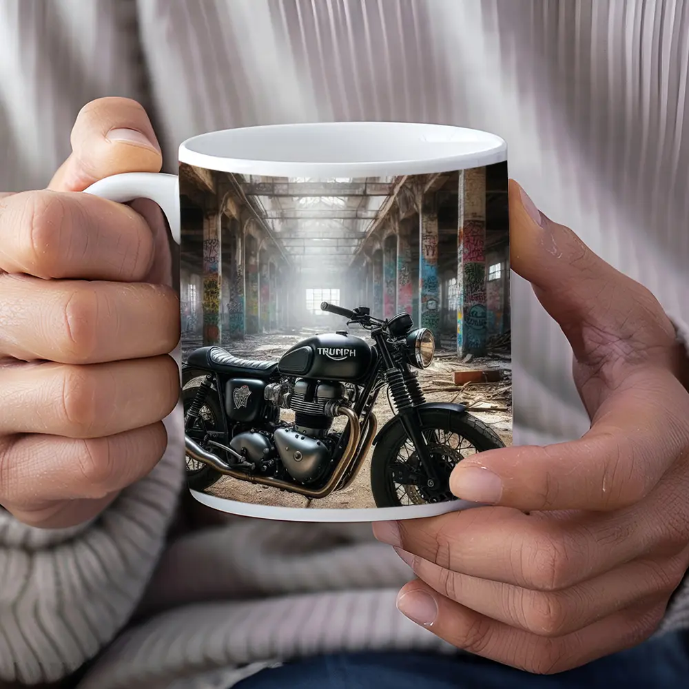 Triumph Motorcycle Parked Inside Abandoned Factory – Mugs