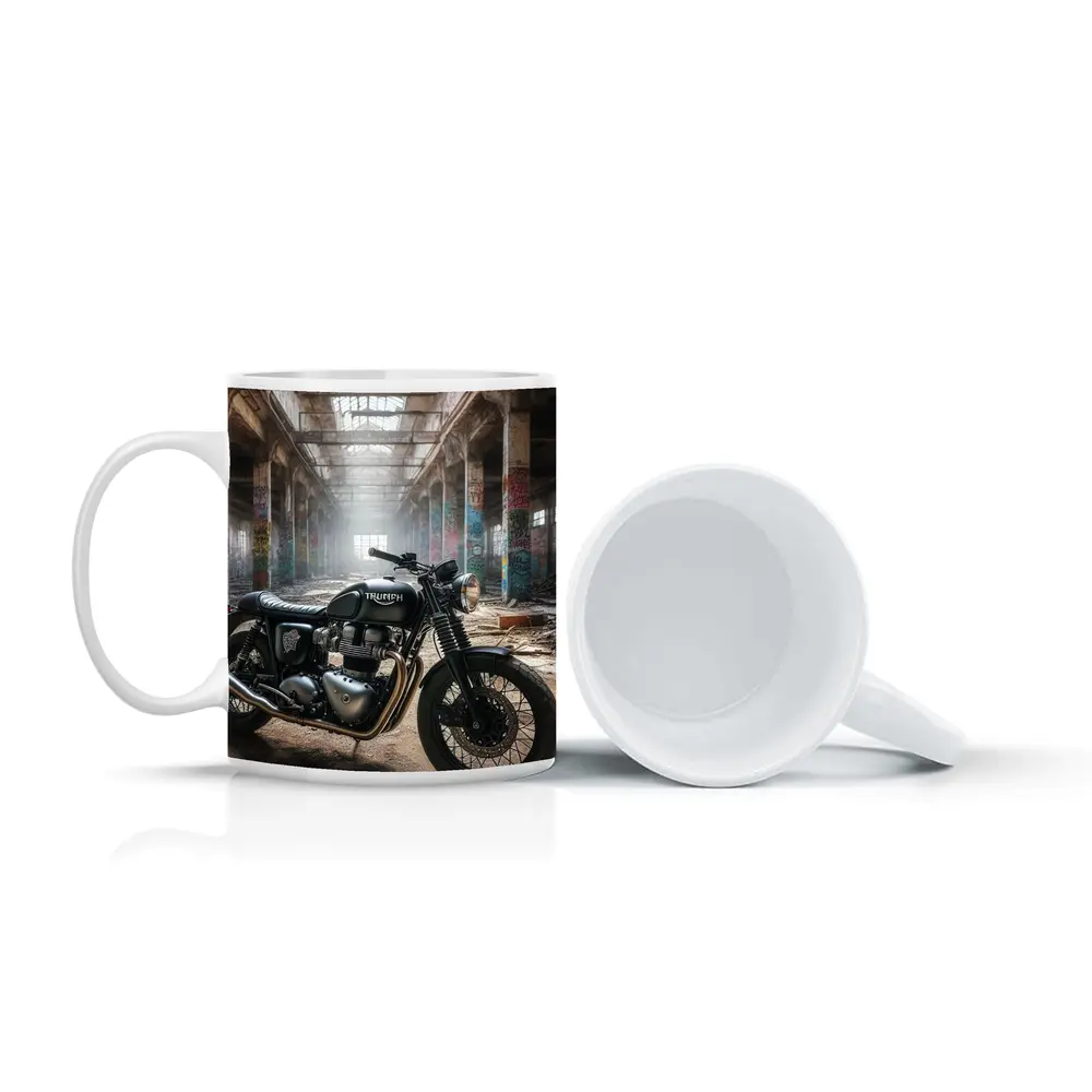 Triumph Motorcycle Parked Inside Abandoned Factory – Mugs