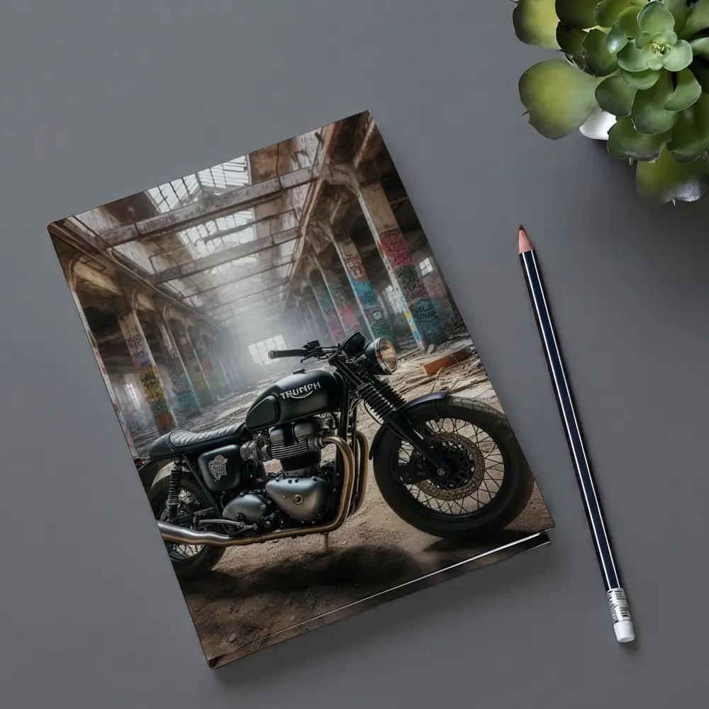 Triumph Motorcycle Parked Inside Abandoned Factory – Notebooks