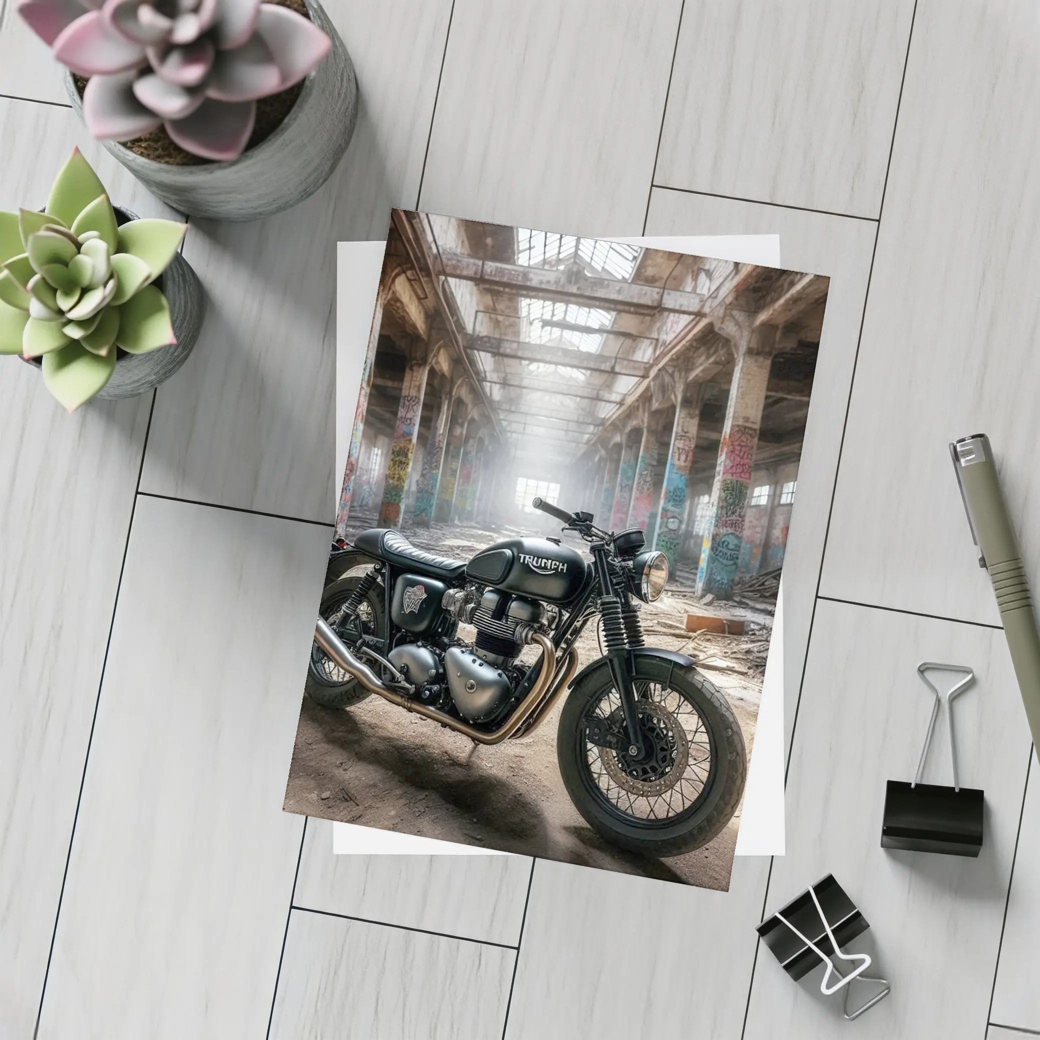 Triumph Motorcycle Parked Inside Abandoned Factory – Postcards