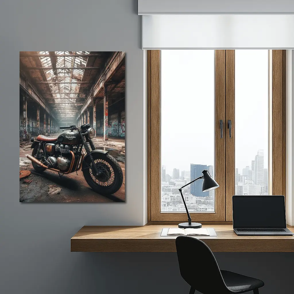 Triumph Motorcycle Abandoned Factory Urban Setting – Wall Art