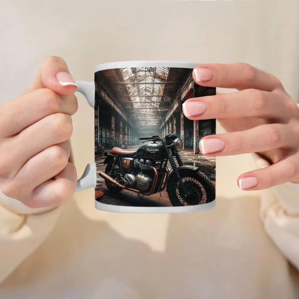 Triumph Motorcycle Abandoned Factory Urban Setting – Mugs