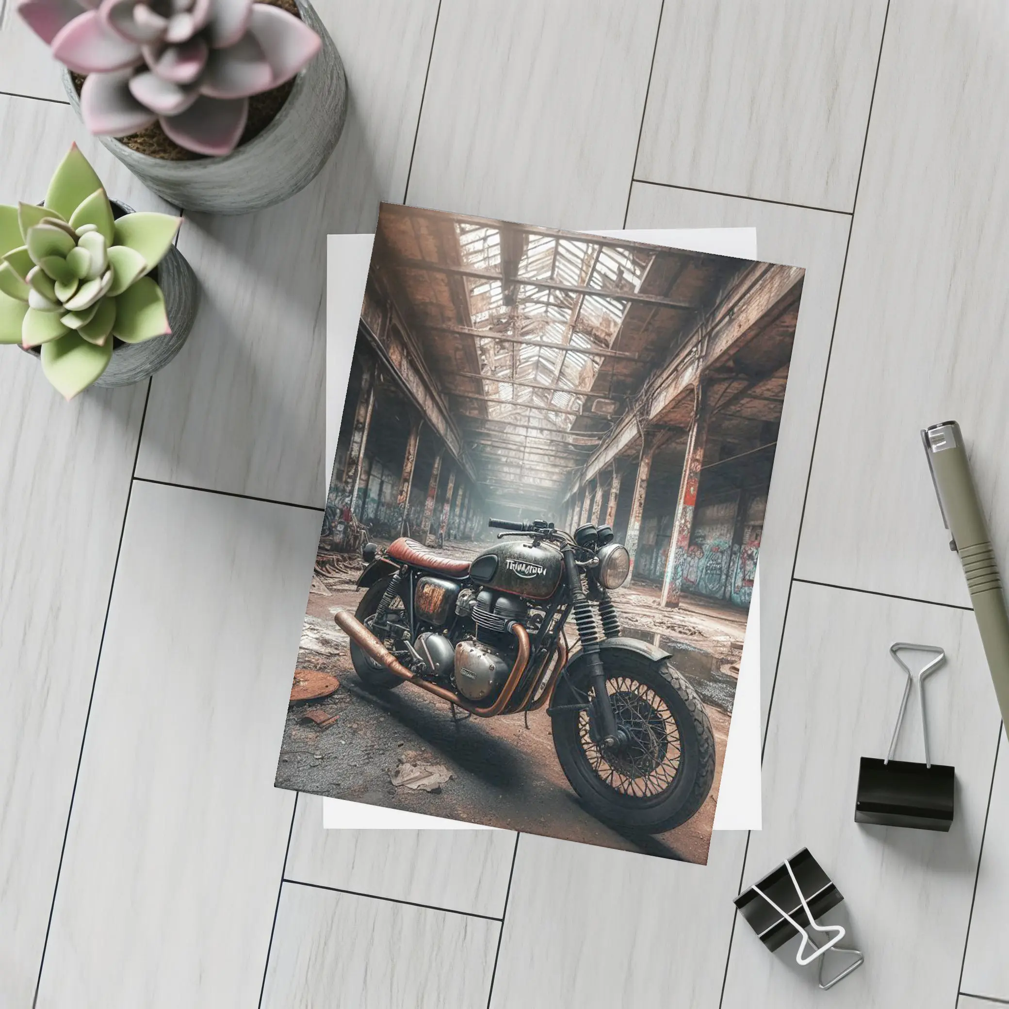 Triumph Motorcycle Abandoned Factory Urban Setting – Postcards