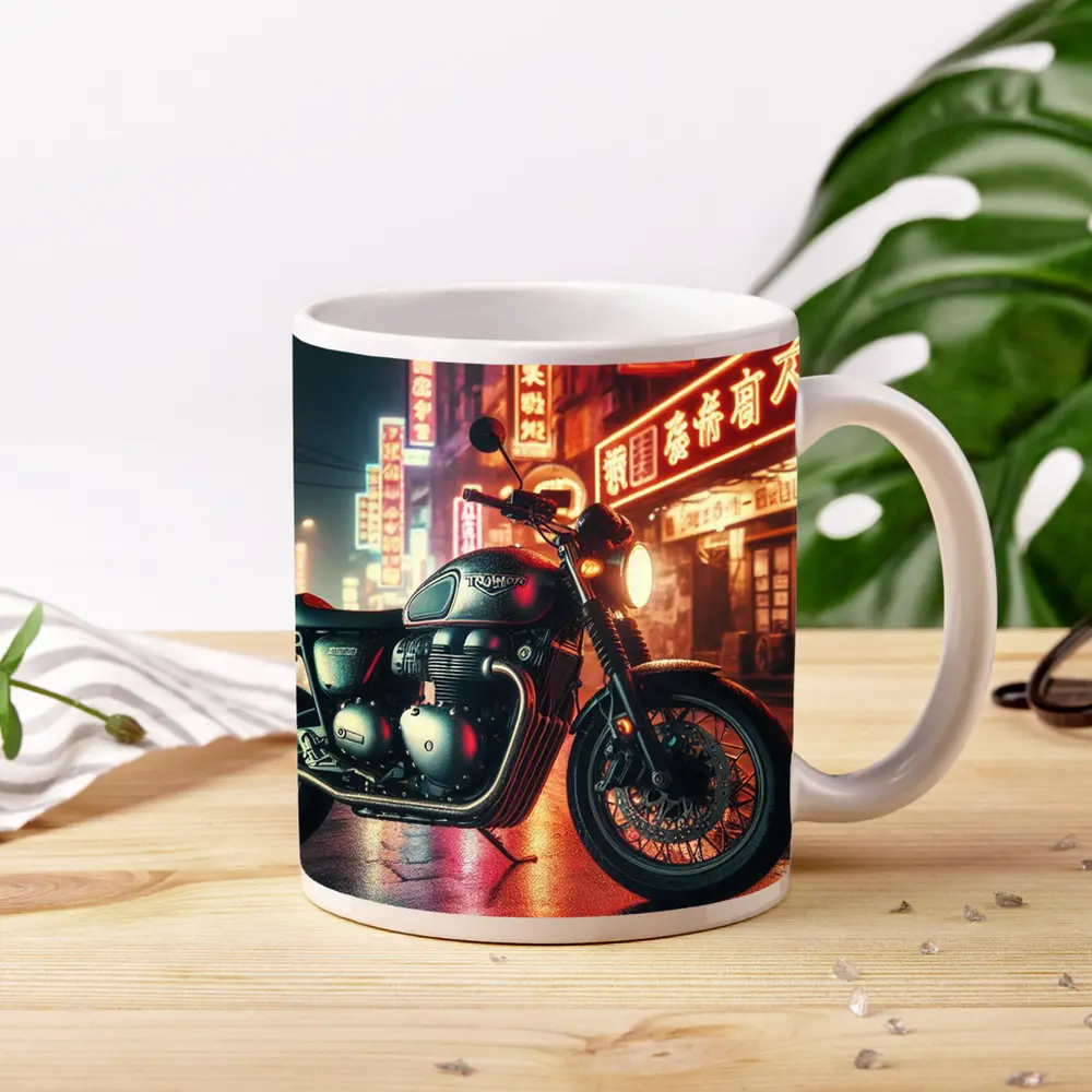 Triumph Motorcycle Neon City Street Night – Mugs
