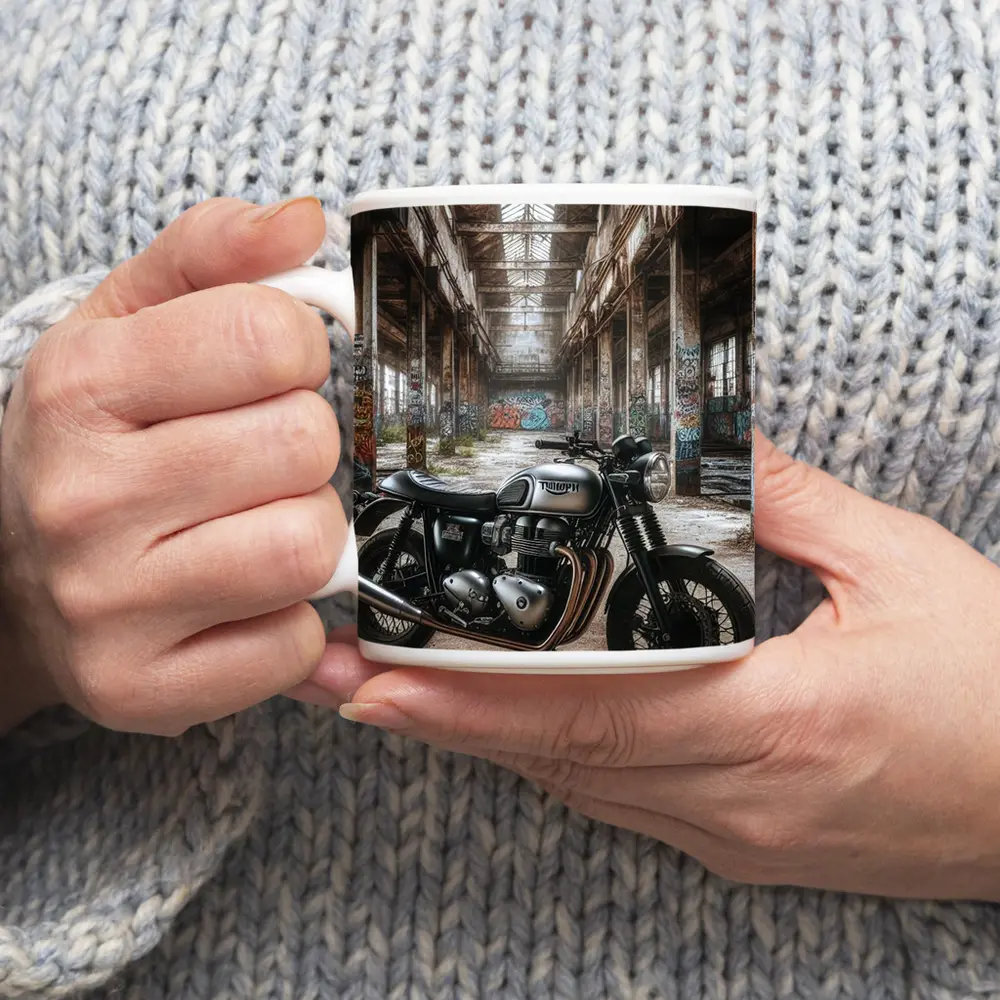 Triumph Motorcycle Parked Abandoned Industrial Warehouse – Mugs
