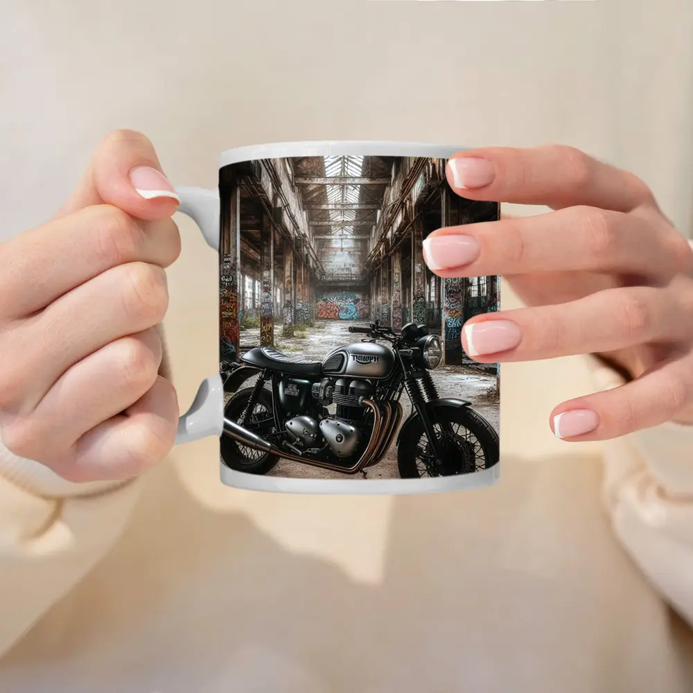 Triumph Motorcycle Parked Abandoned Industrial Warehouse – Mugs