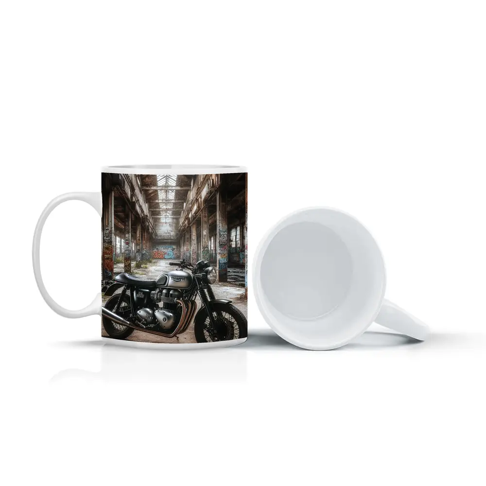 Triumph Motorcycle Parked Abandoned Industrial Warehouse – Mugs