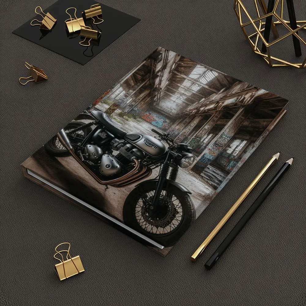 Triumph Motorcycle Parked Abandoned Industrial Warehouse – Notebooks