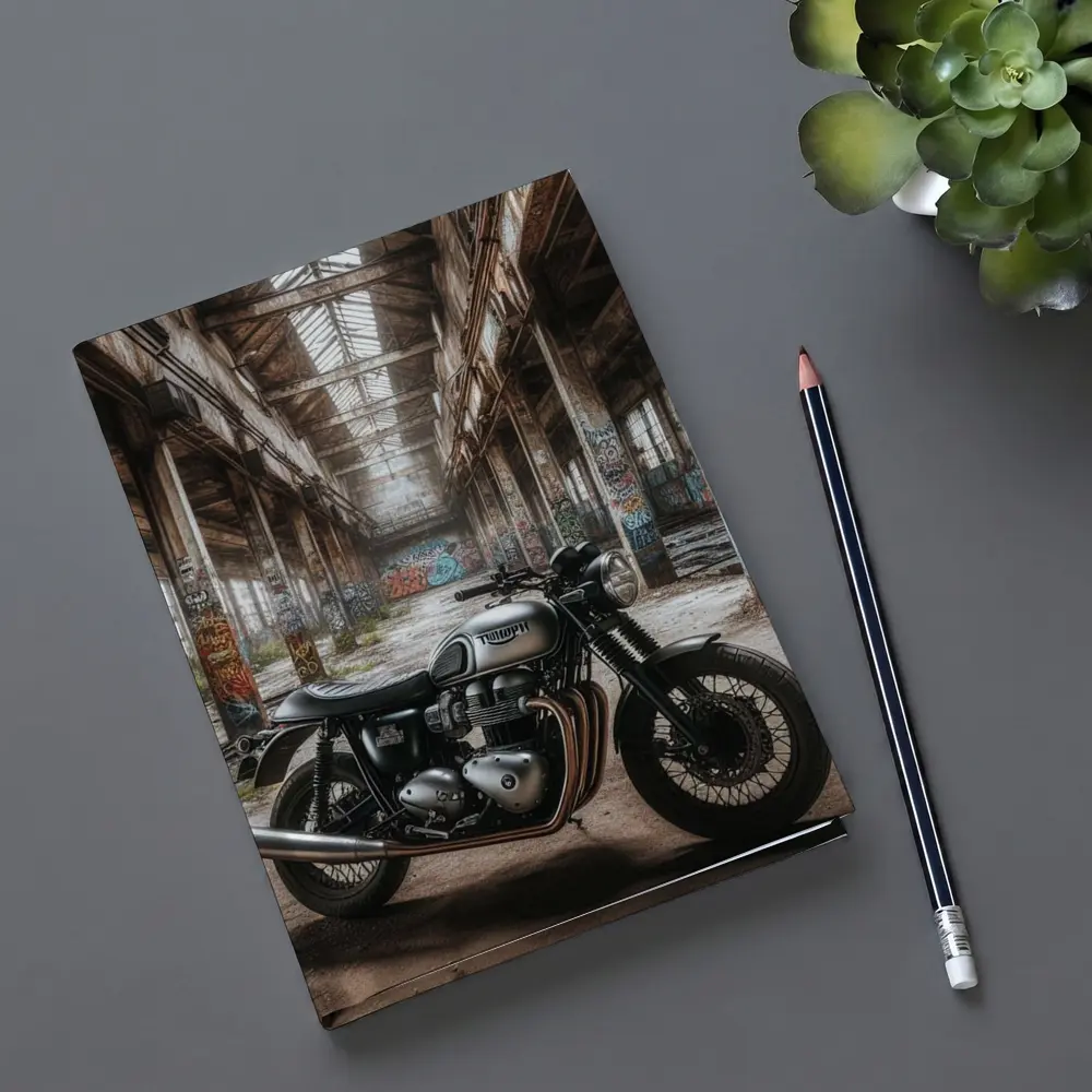 Triumph Motorcycle Parked Abandoned Industrial Warehouse – Notebooks