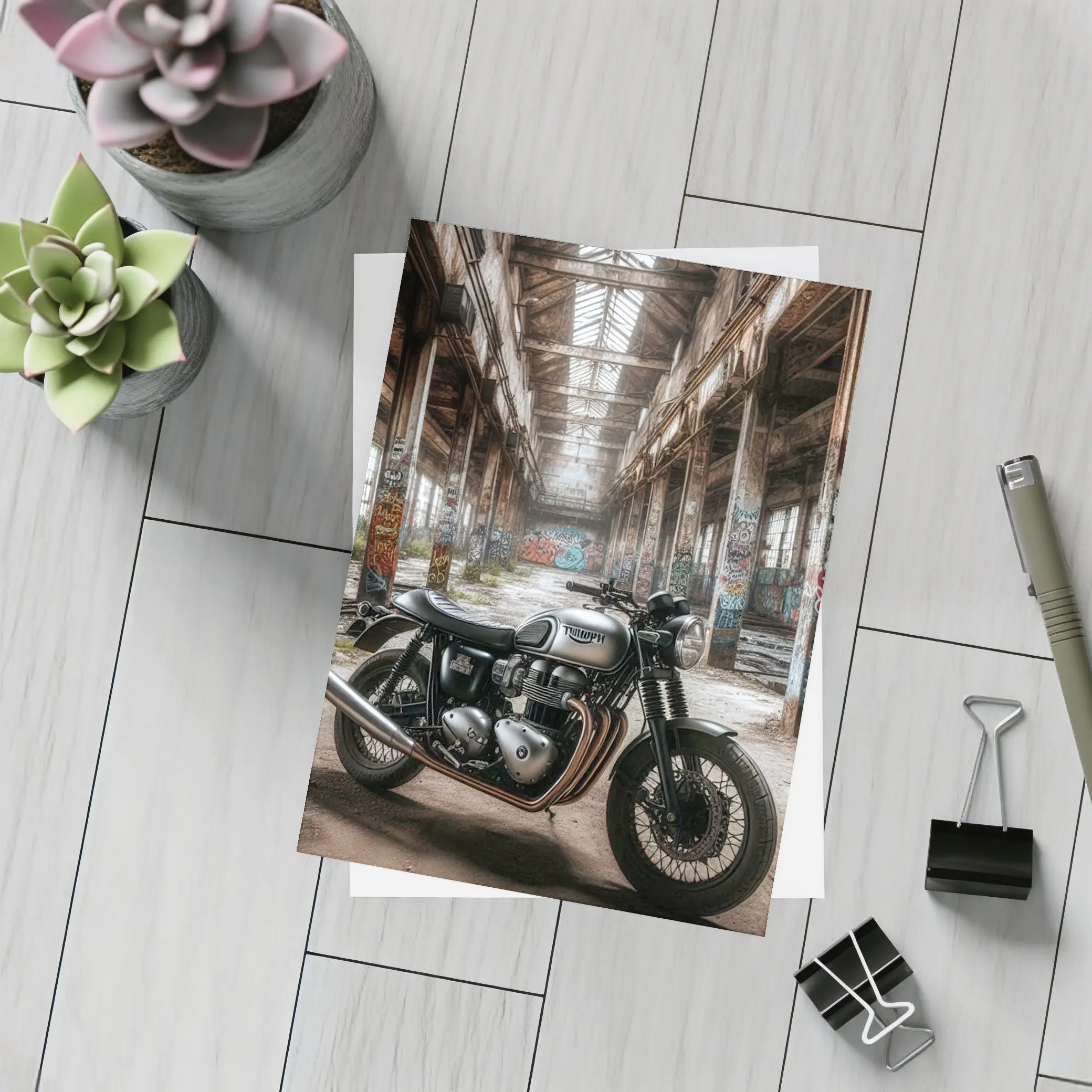 Triumph Motorcycle Parked Abandoned Industrial Warehouse – Postcards