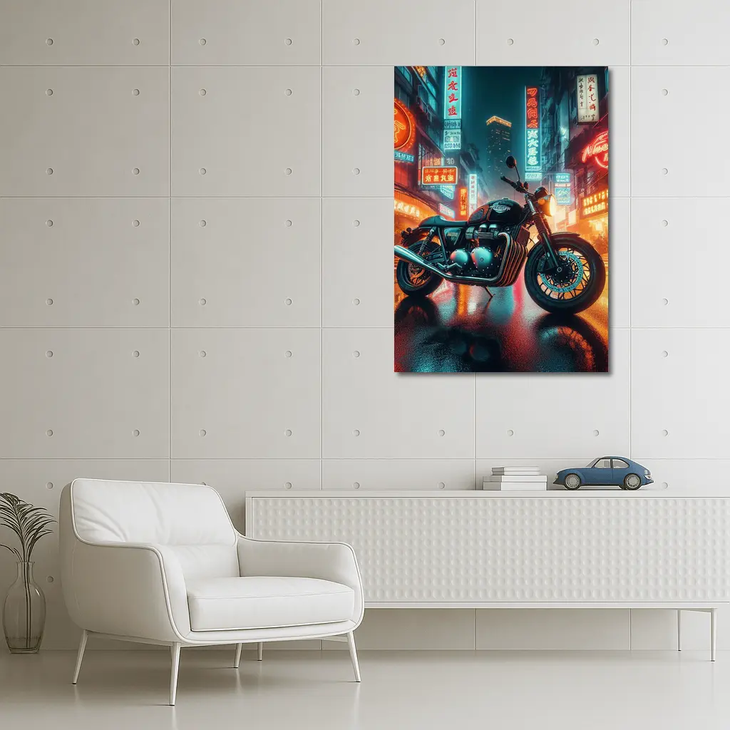 Triumph Motorcycle Neon City Rainy Night – Wall Art