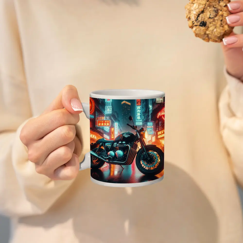 Triumph Motorcycle Neon City Rainy Night – Mugs