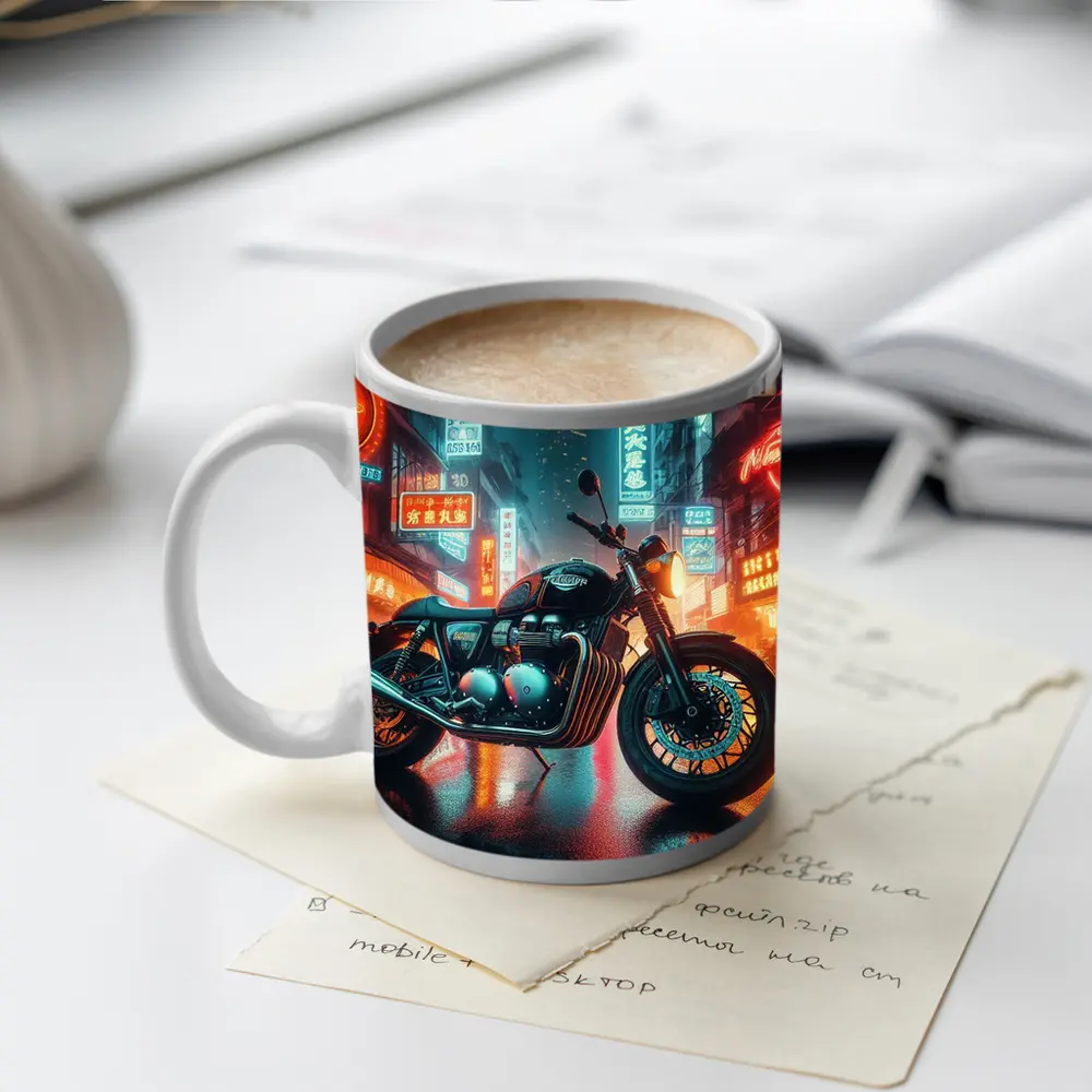 Triumph Motorcycle Neon City Rainy Night – Mugs