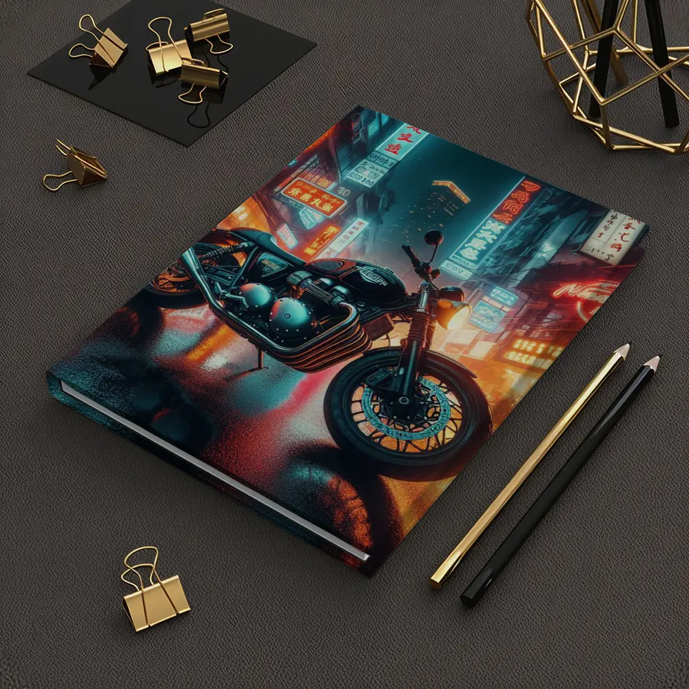 Triumph Motorcycle Neon City Rainy Night – Notebooks