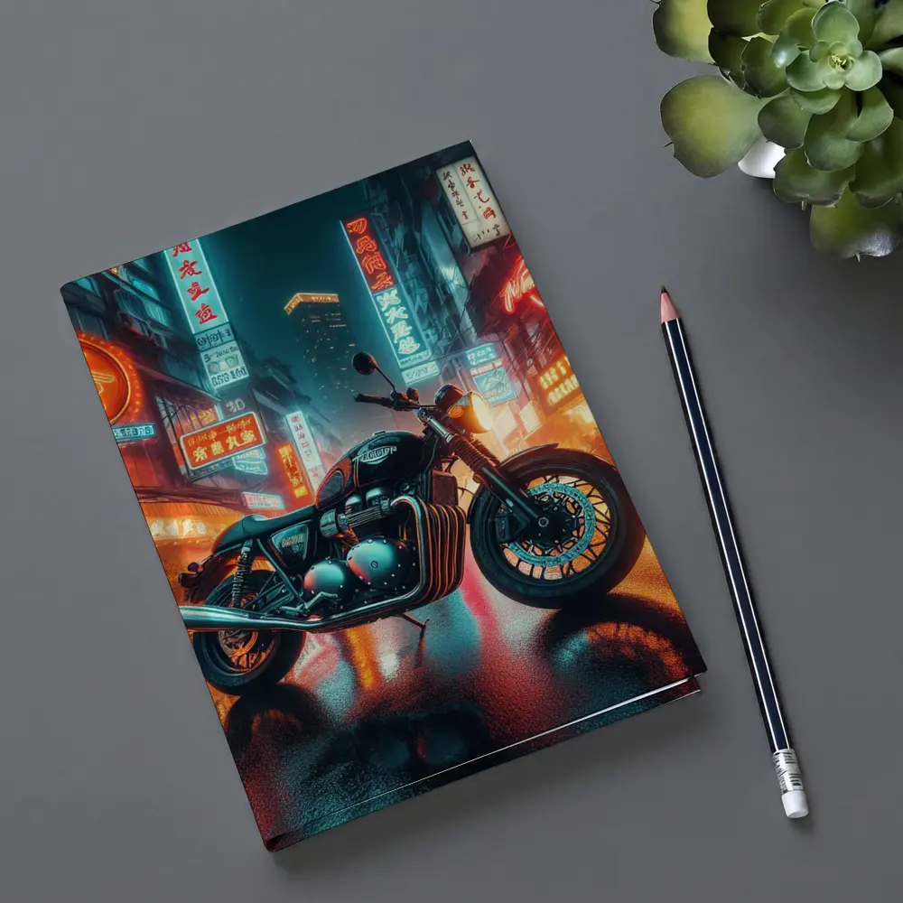 Triumph Motorcycle Neon City Rainy Night – Notebooks