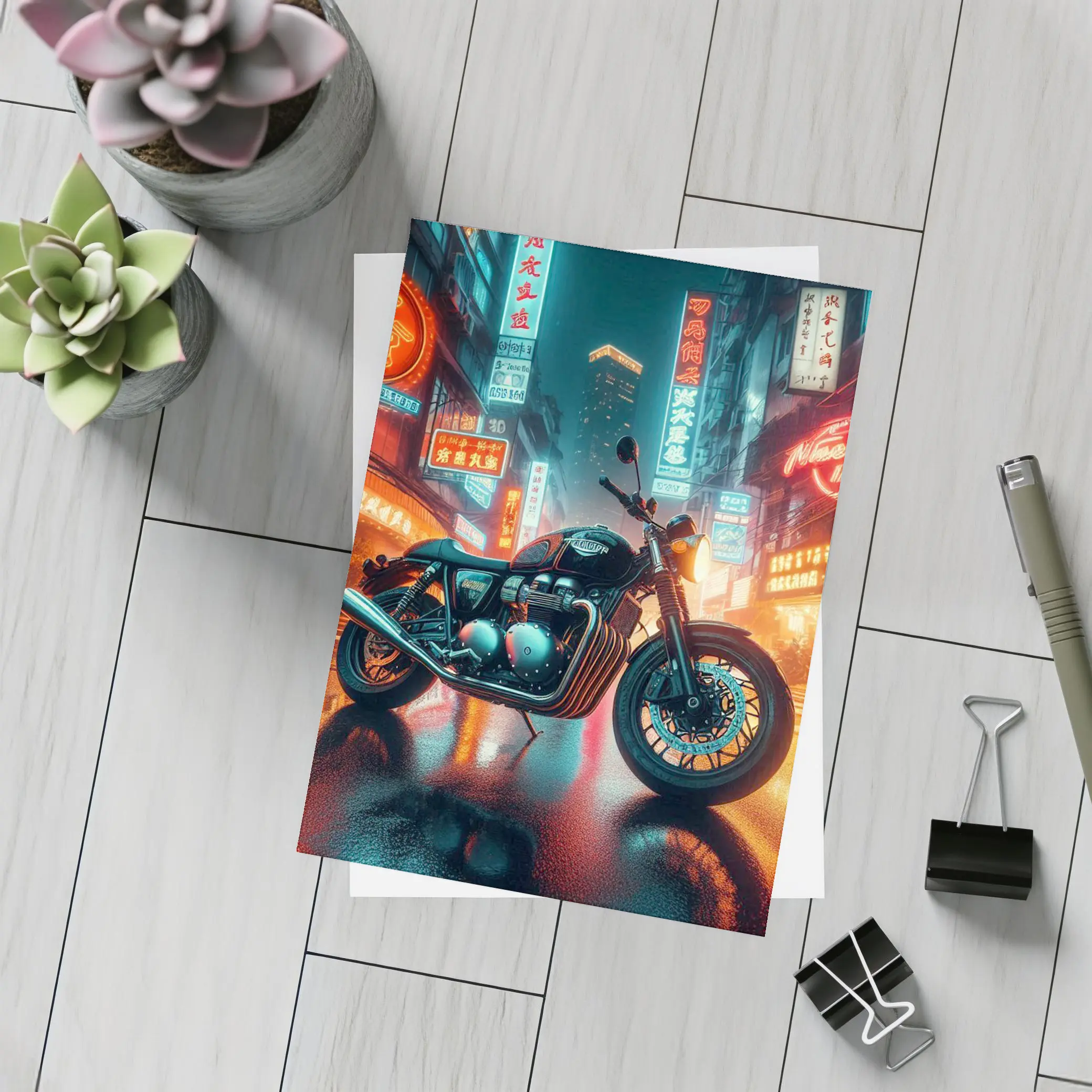 Triumph Motorcycle Neon City Rainy Night – Postcards