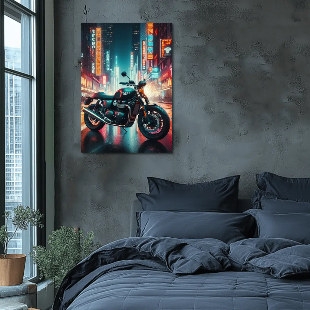 Triumph Motorcycle Neon City Street Night – Wall Art