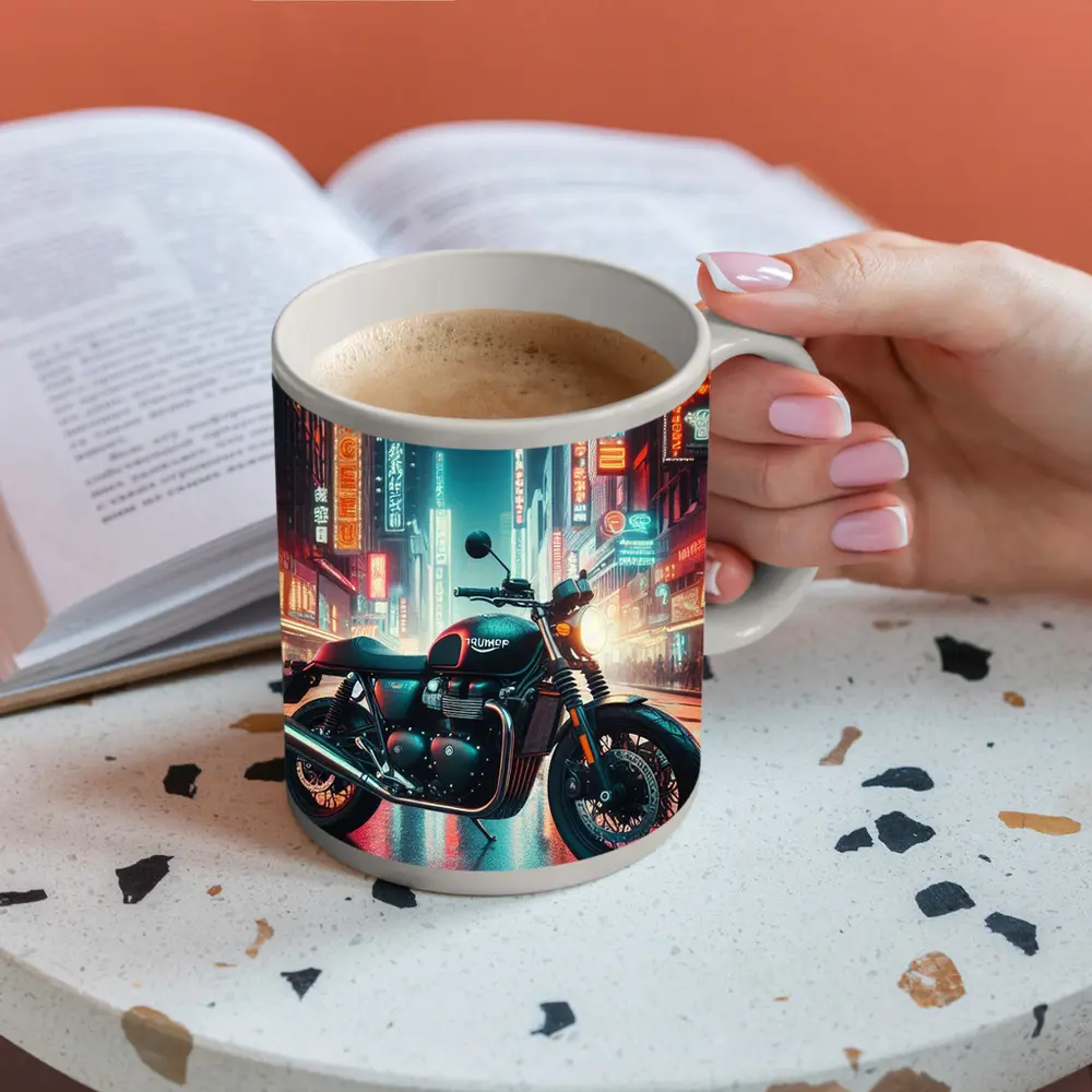 Triumph Motorcycle Neon City Street Night – Mugs