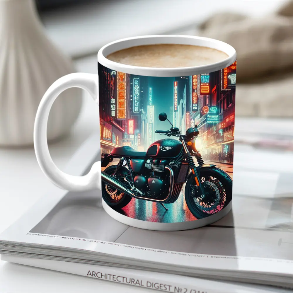 Triumph Motorcycle Neon City Street Night – Mugs
