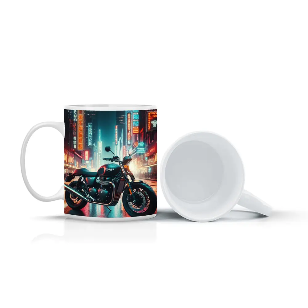 Triumph Motorcycle Neon City Street Night – Mugs