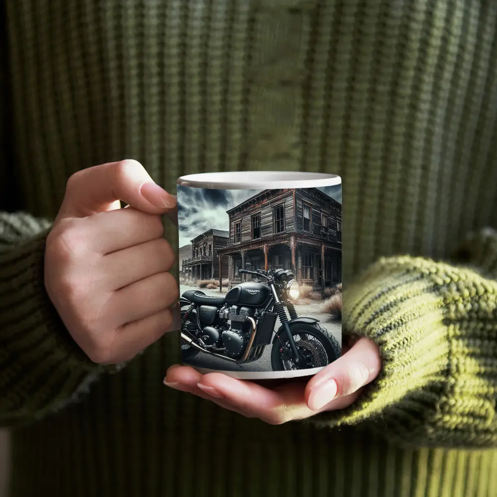 Triumph Bobber Motorcycle Abandoned Ghost Town – Mugs