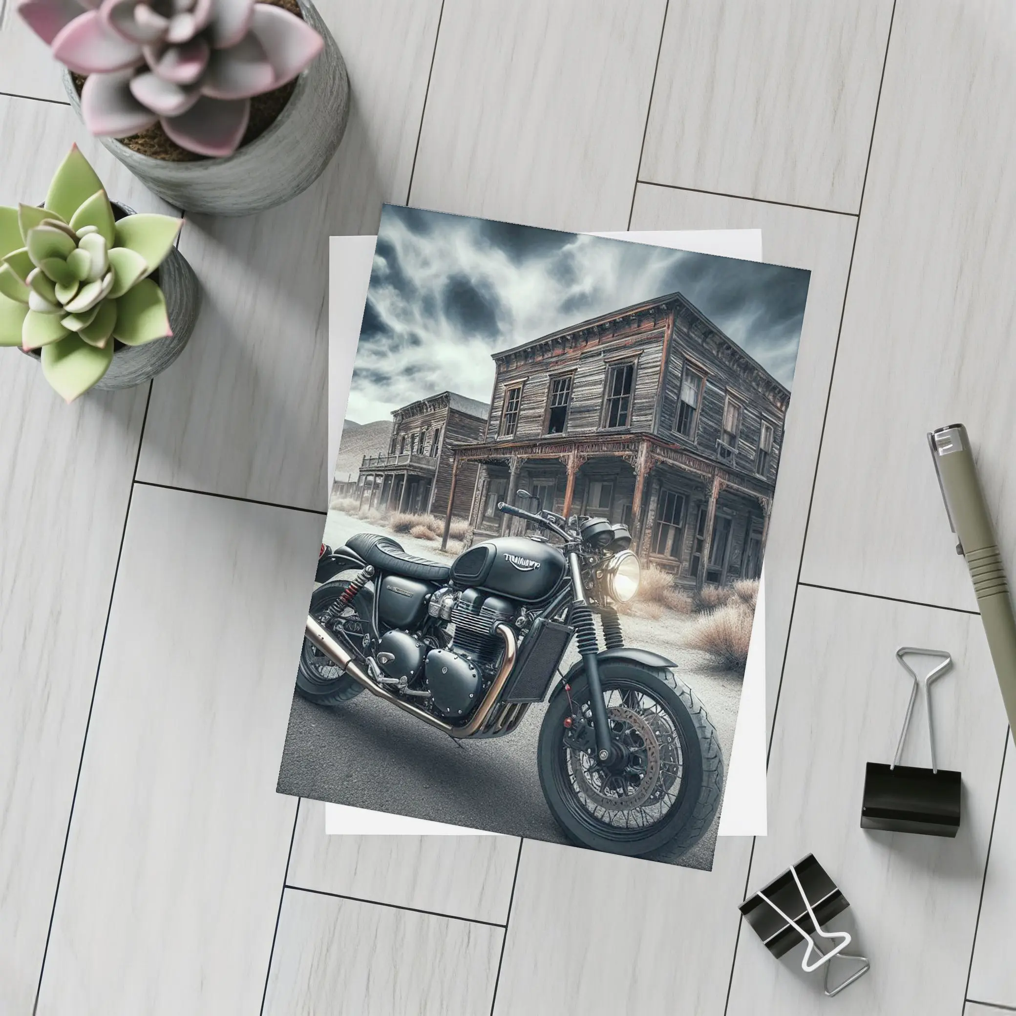 Triumph Bobber Motorcycle Abandoned Ghost Town – Postcards