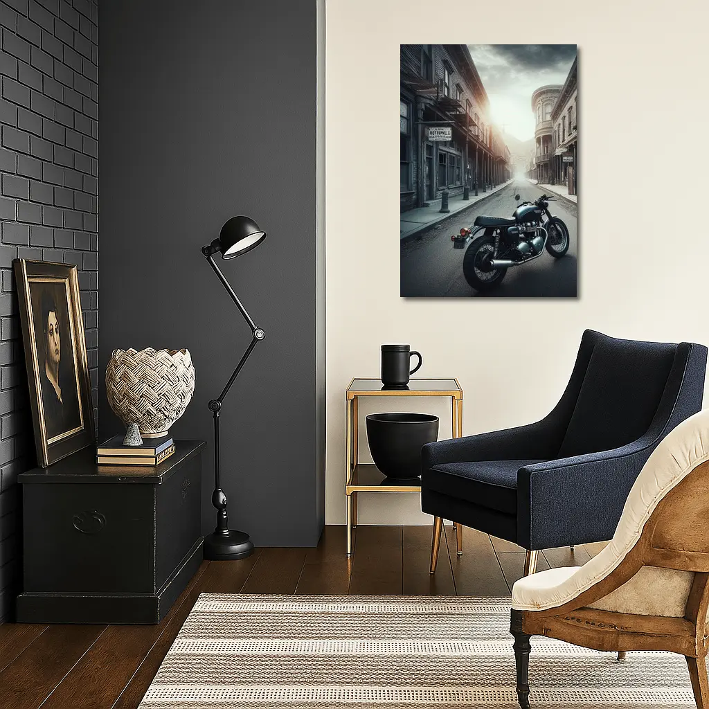 Cafe Racer Motorcycle Abandoned Western Town Street – Wall Art