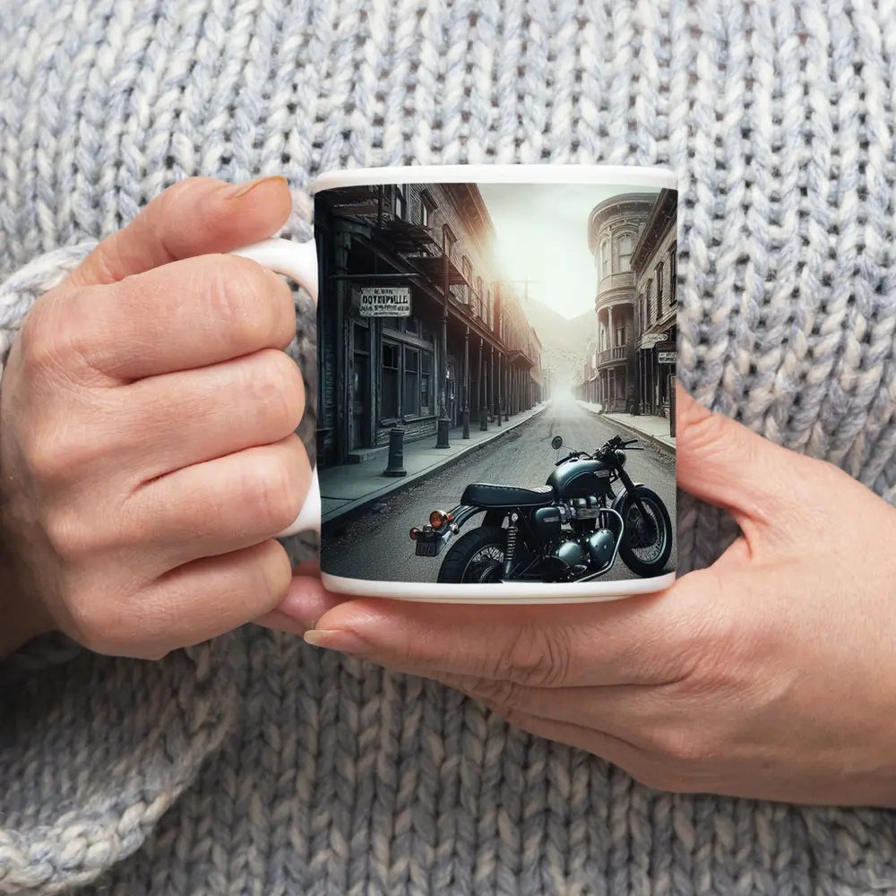 Cafe Racer Motorcycle Abandoned Western Town Street – Mugs