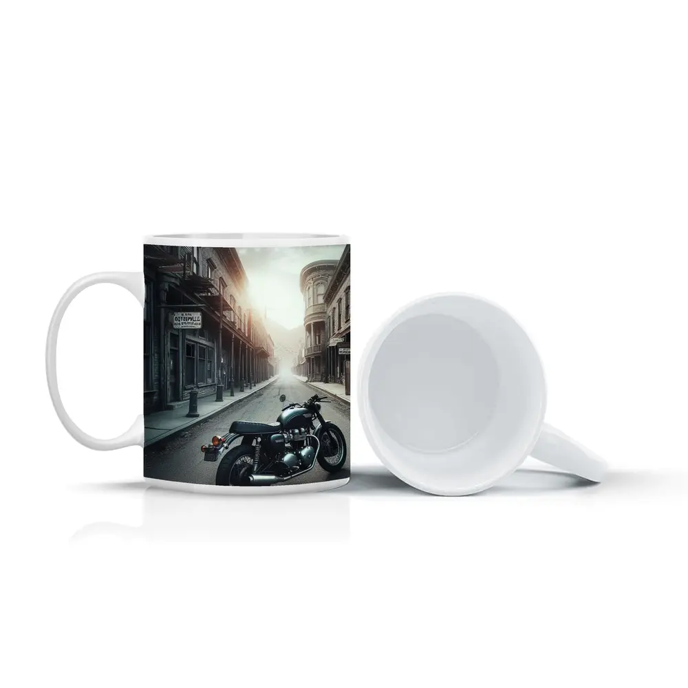 Cafe Racer Motorcycle Abandoned Western Town Street – Mugs