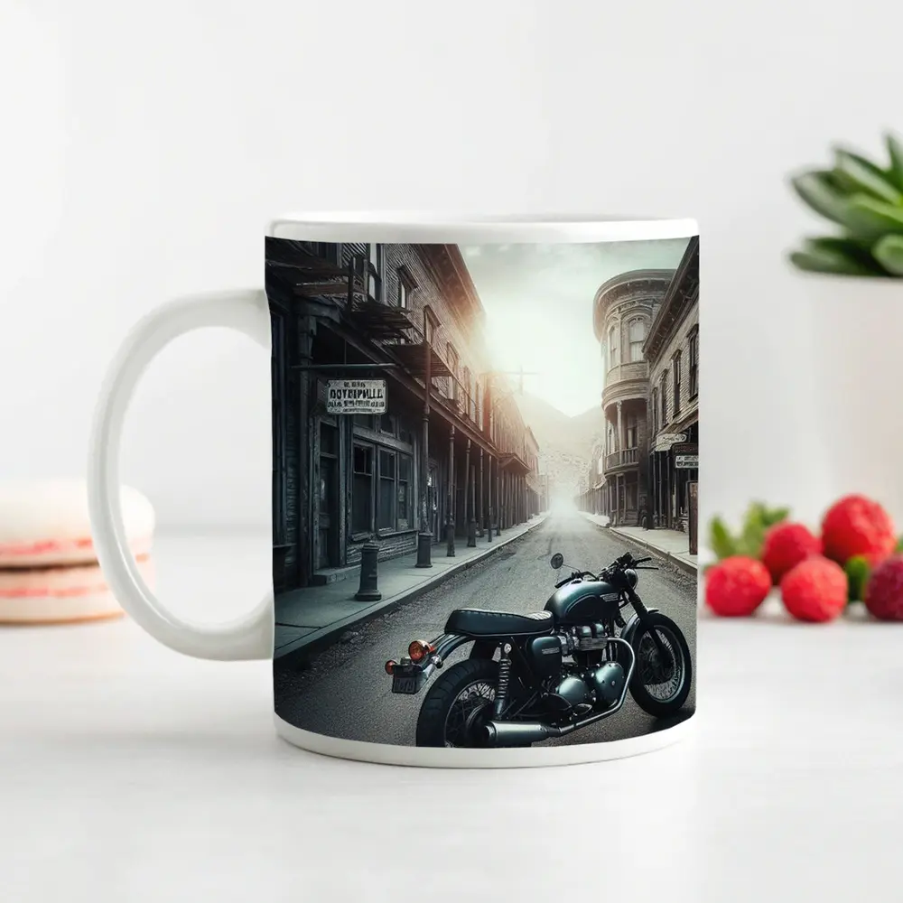 Cafe Racer Motorcycle Abandoned Western Town Street – Mugs